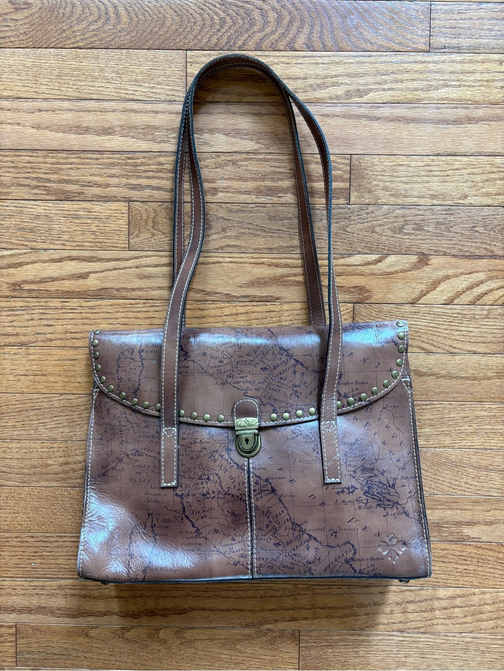 Patricia Nash Brown Map-Print Leather Shoulder Bag with Stud Accents